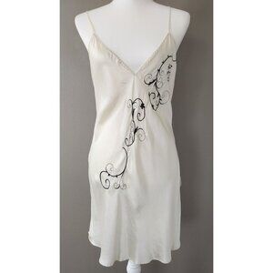 Vintage Victoria's Secret 100% Silk Ivory Slip Dress Top W Black Embroidery, Lg